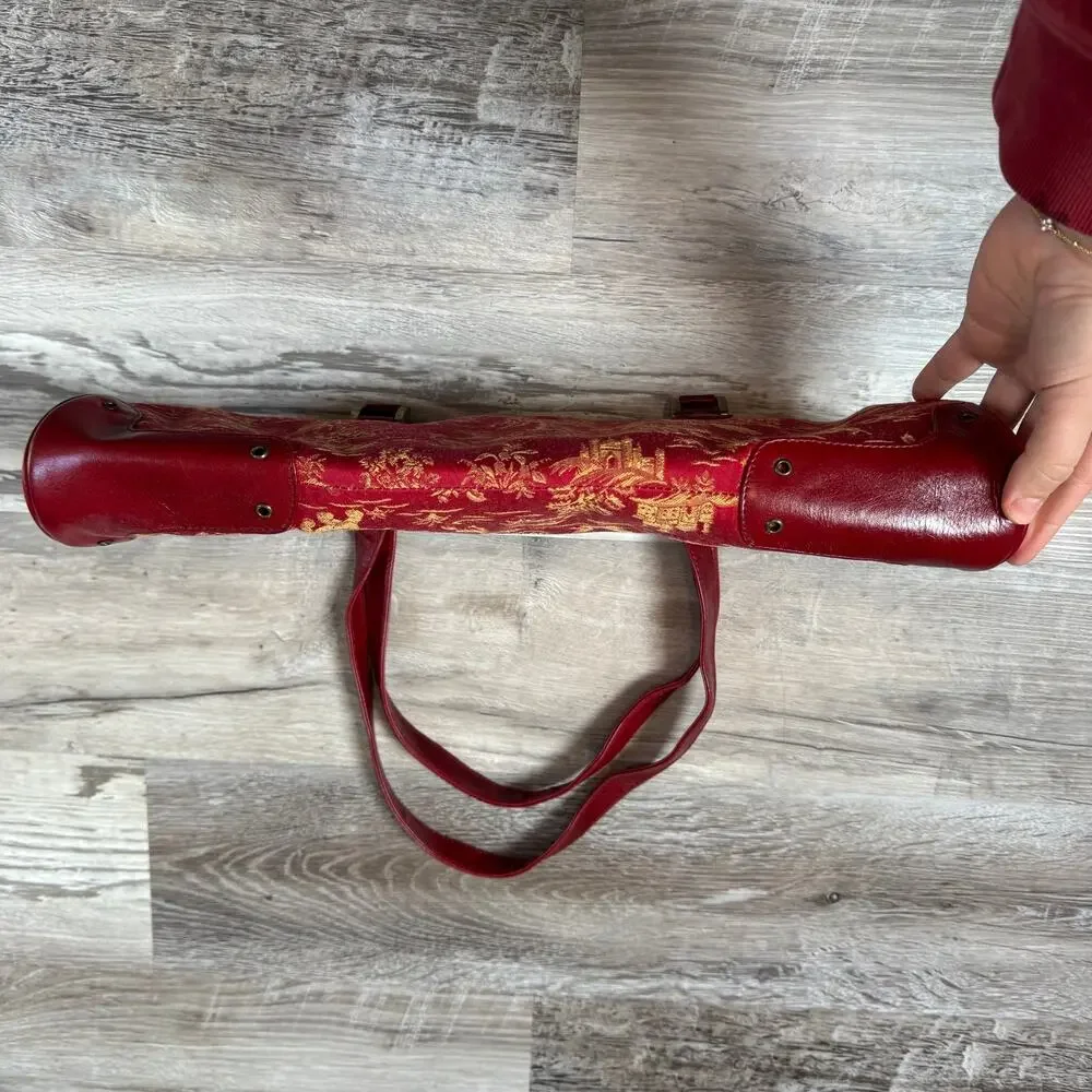 Vintage Paint the Lily Red Leather Tapestry Shoulder Bag Toile